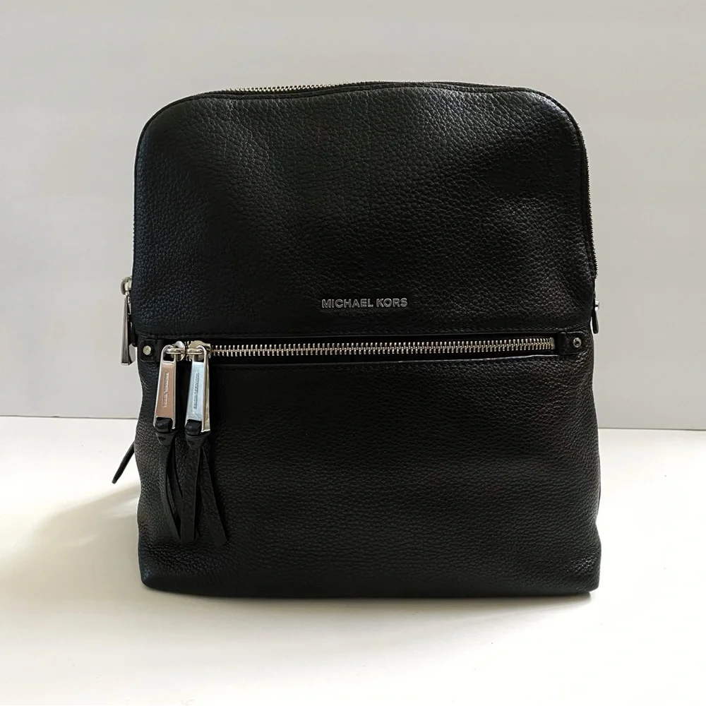 SILVER HARDWARE MICHAEL KORS BLACK RHEA SLIM PEBBLED LEATHER BACKPACK PURSE - Picture 2 of 9